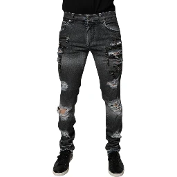 Dark Gray Tattered Cotton Skinny Denim Jeans
