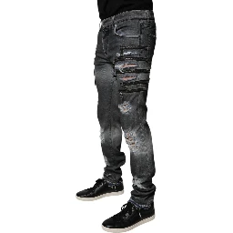Dark Gray Tattered Cotton Skinny Denim Jeans