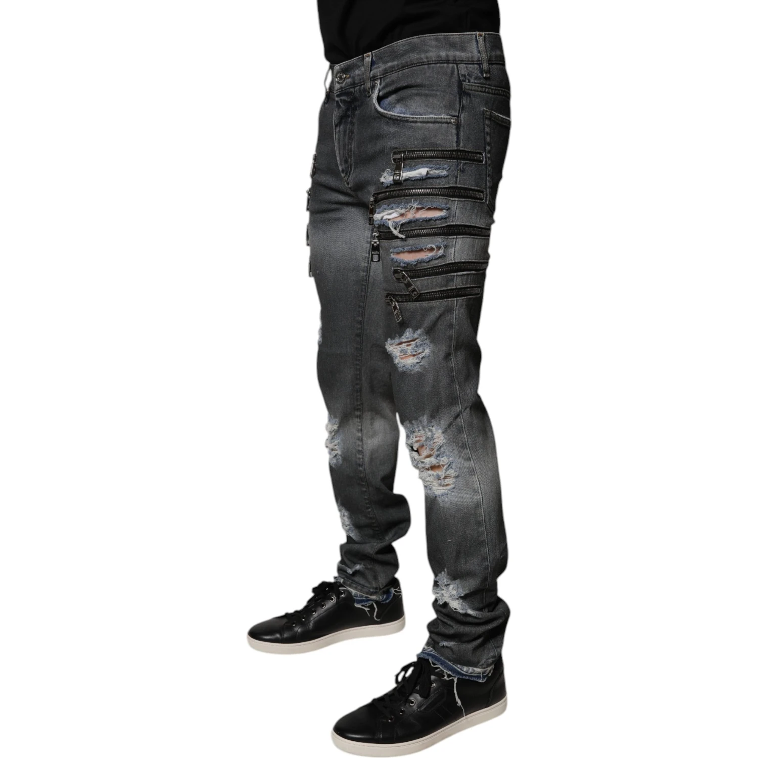 Dark Gray Tattered Cotton Skinny Denim Jeans
