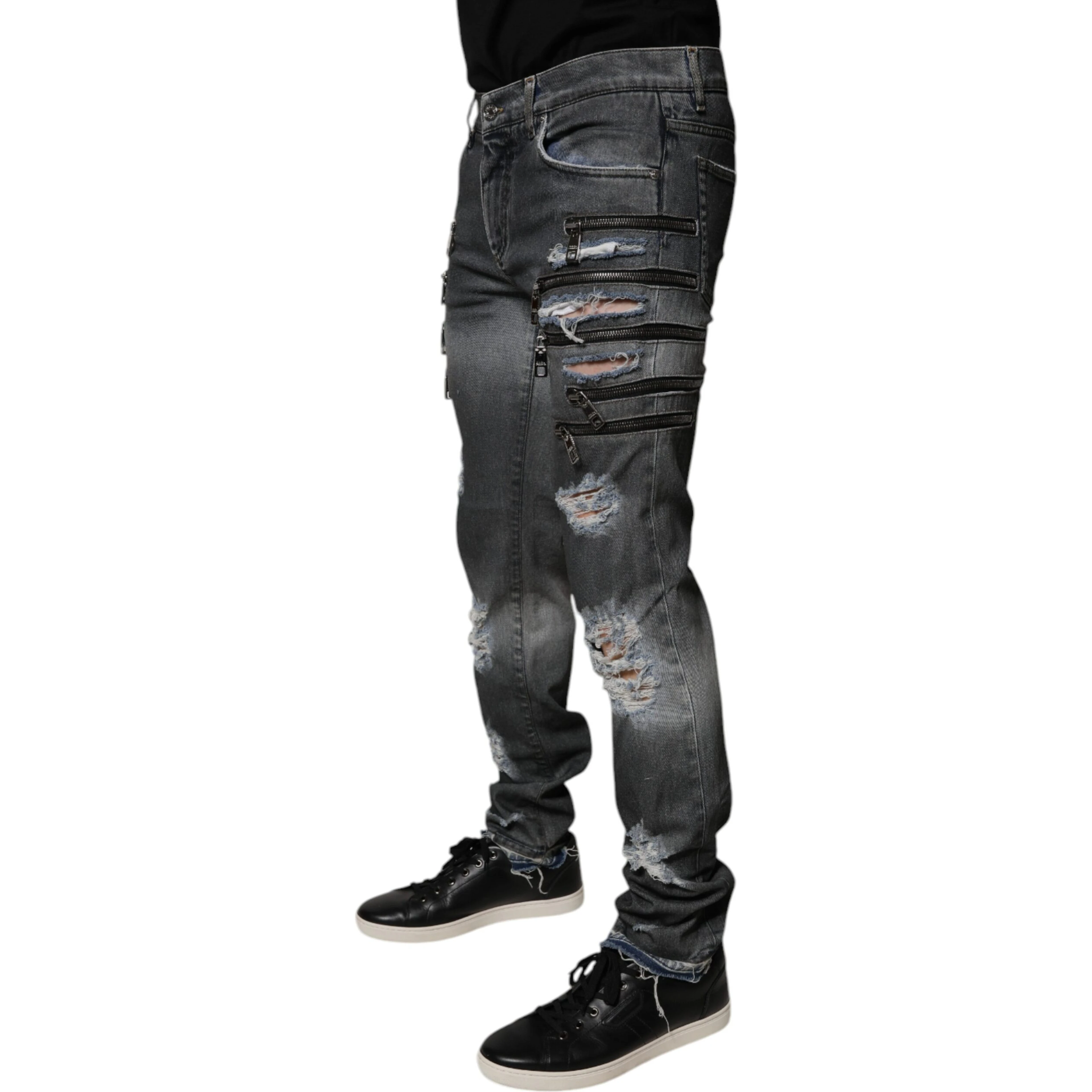 Dark Gray Tattered Cotton Skinny Denim Jeans