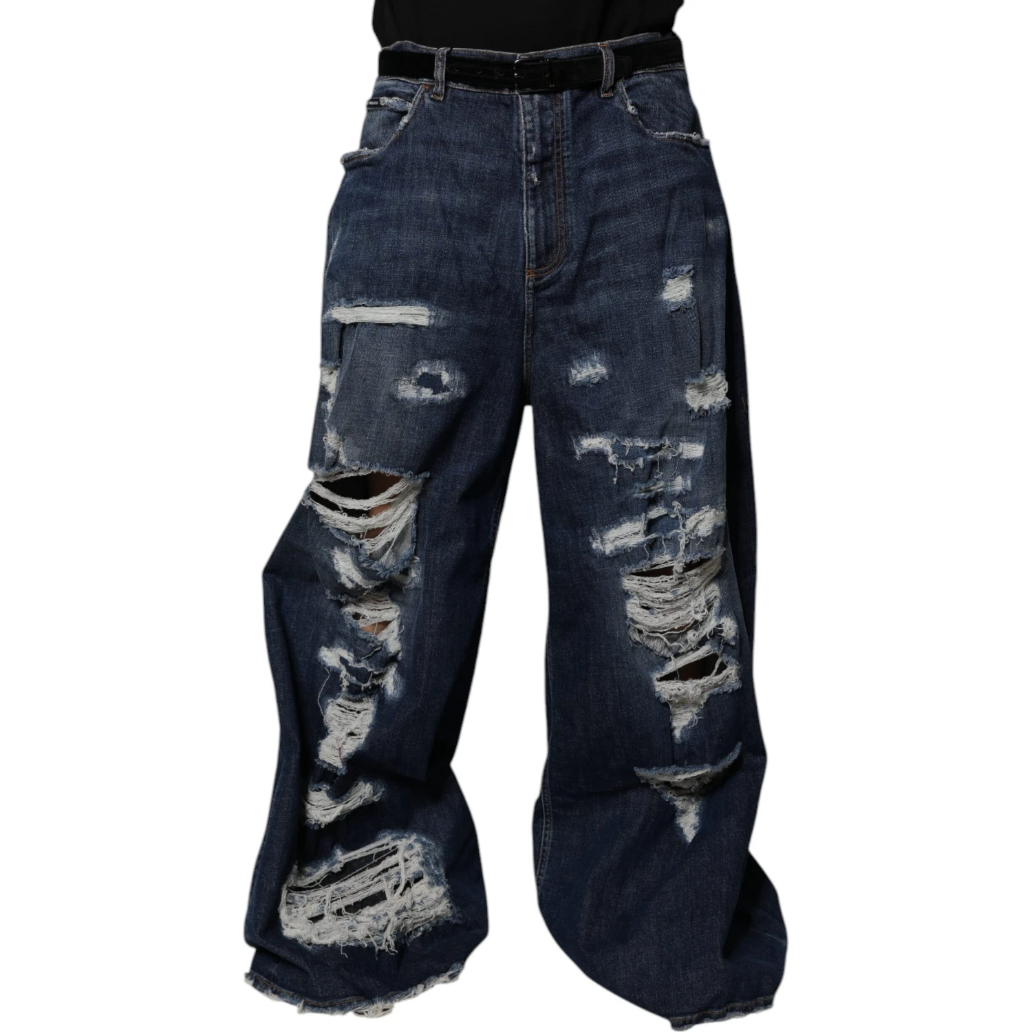 Dark Blue Tattered Wide Leg Men Denim Jeans