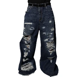 Dark Blue Tattered Wide Leg Men Denim Jeans
