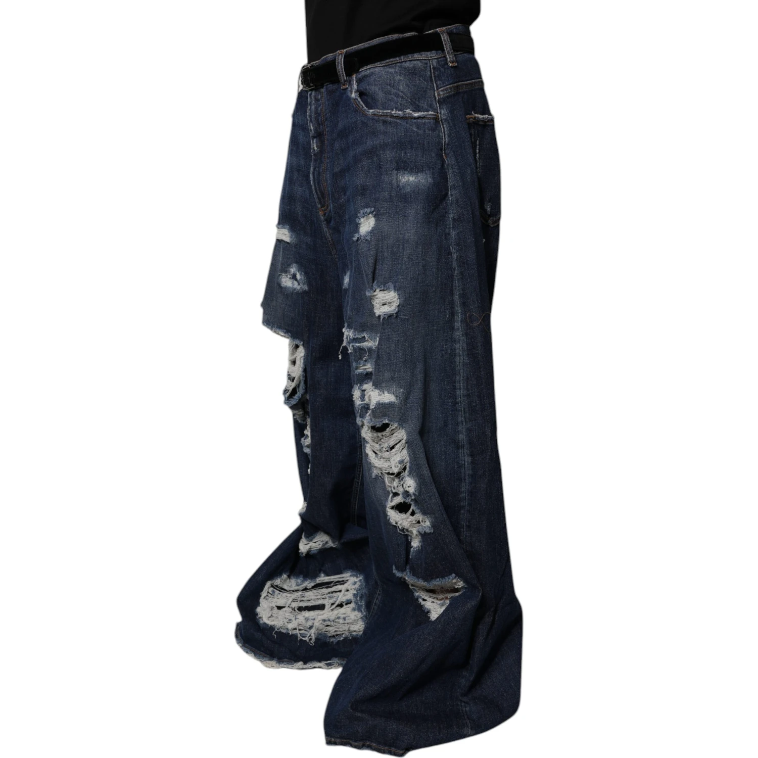 Dark Blue Tattered Wide Leg Men Denim Jeans