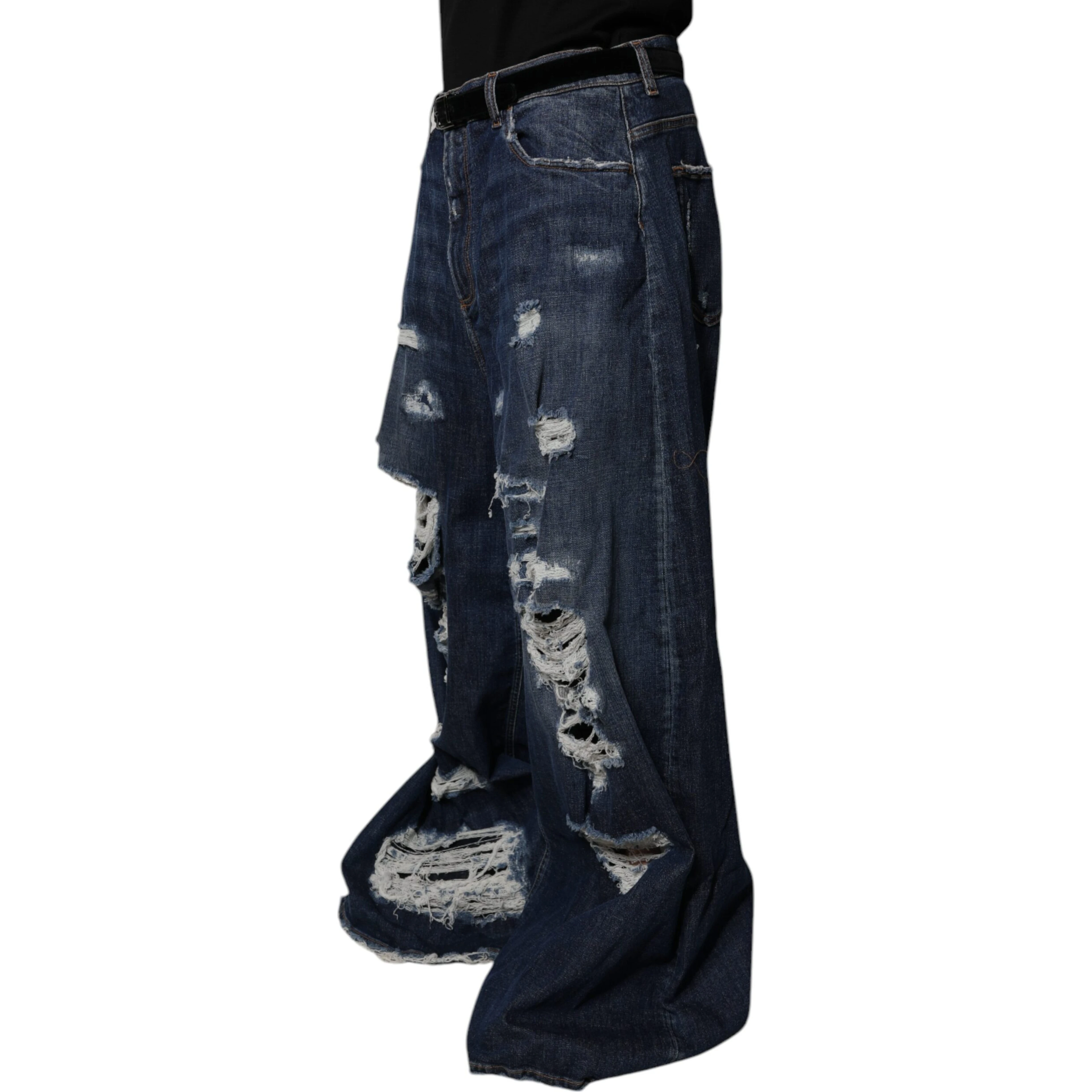 Dark Blue Tattered Wide Leg Men Denim Jeans