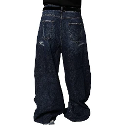 Dark Blue Tattered Wide Leg Men Denim Jeans
