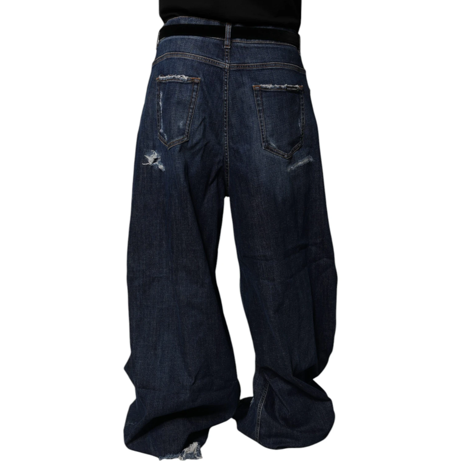 Dark Blue Tattered Wide Leg Men Denim Jeans