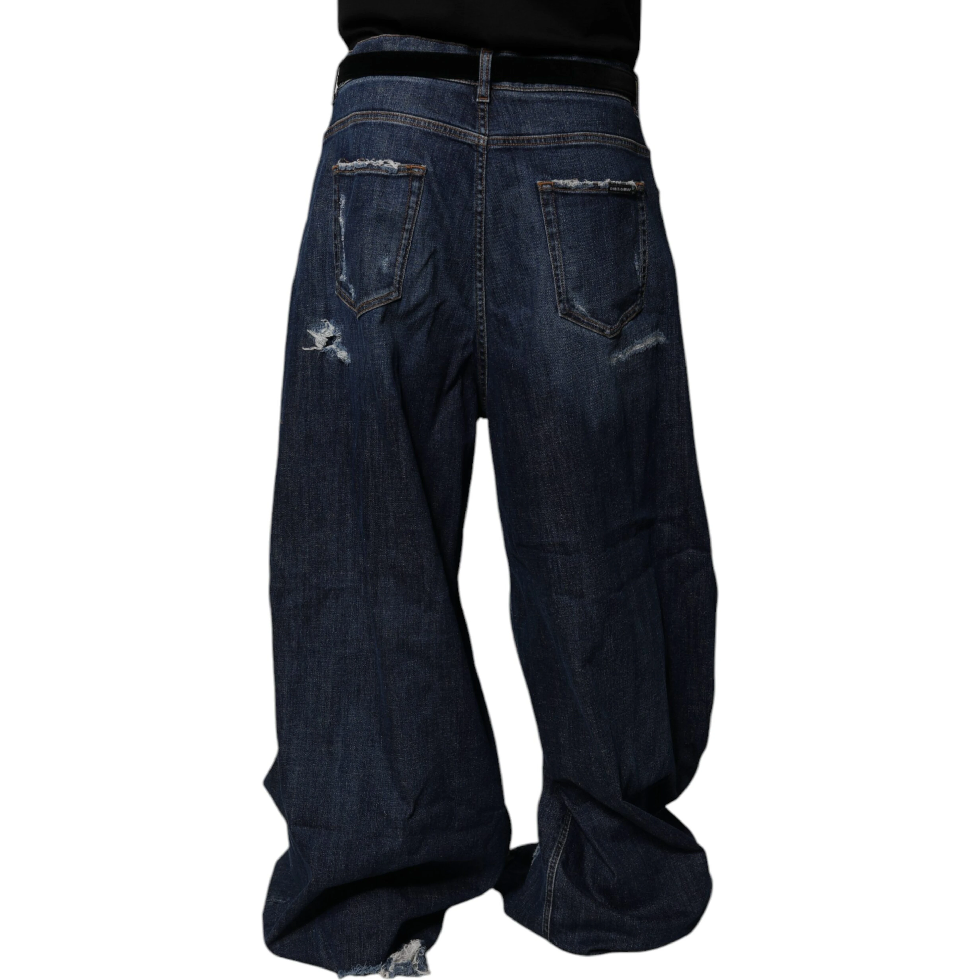 Dark Blue Tattered Wide Leg Men Denim Jeans