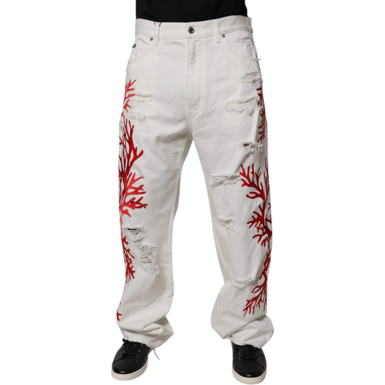 White Corals Tattered Straight Denim Jeans