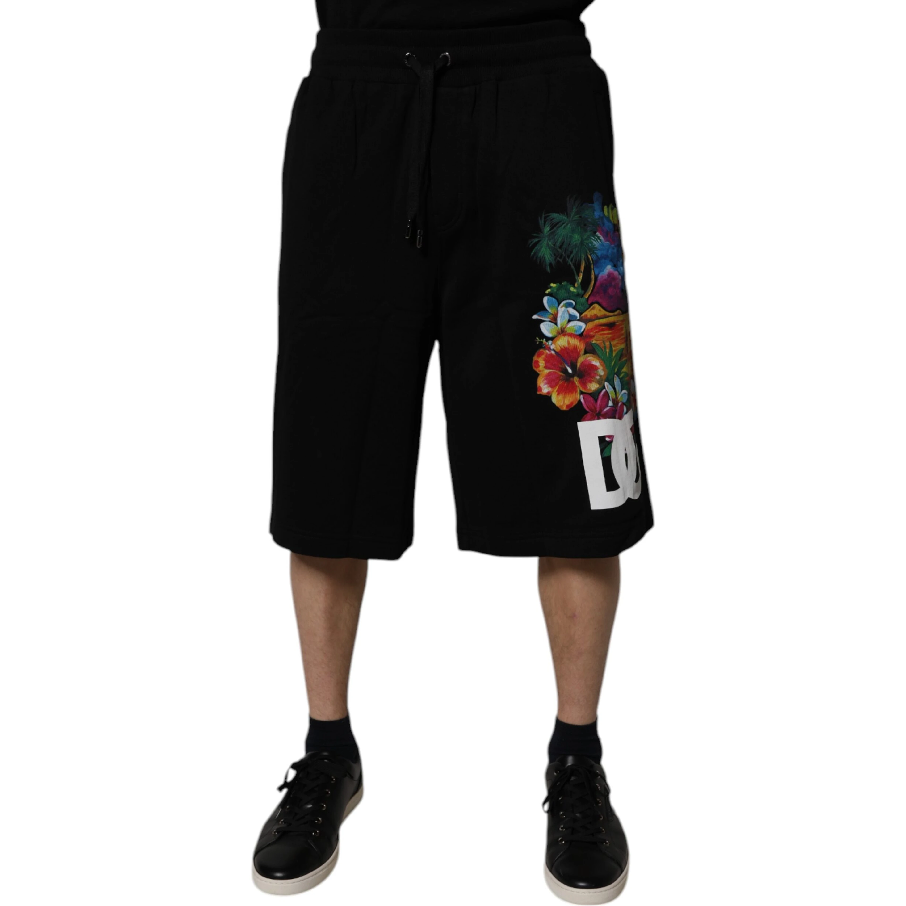 Black Cotton Logo Floral Print Bermuda Shorts