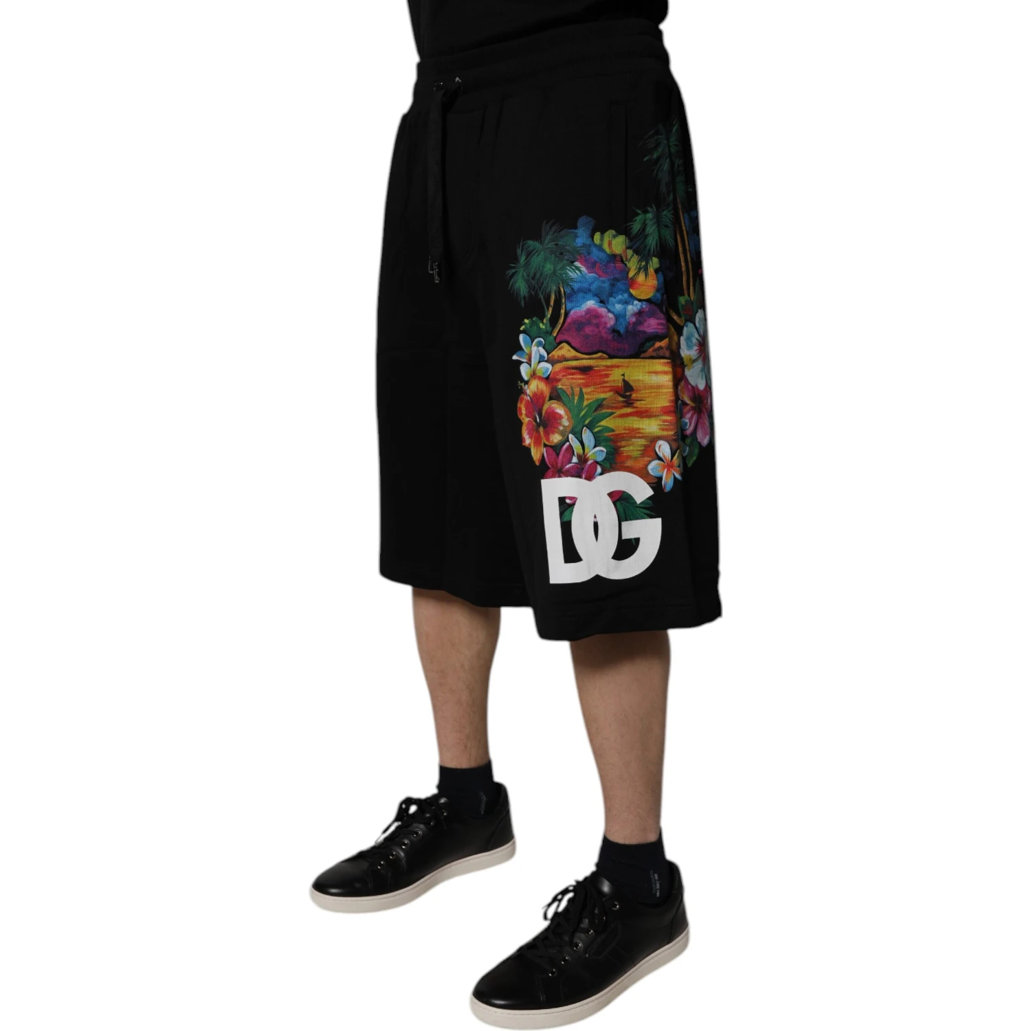 Black Cotton Logo Floral Print Bermuda Shorts