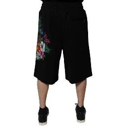 Black Cotton Logo Floral Print Bermuda Shorts