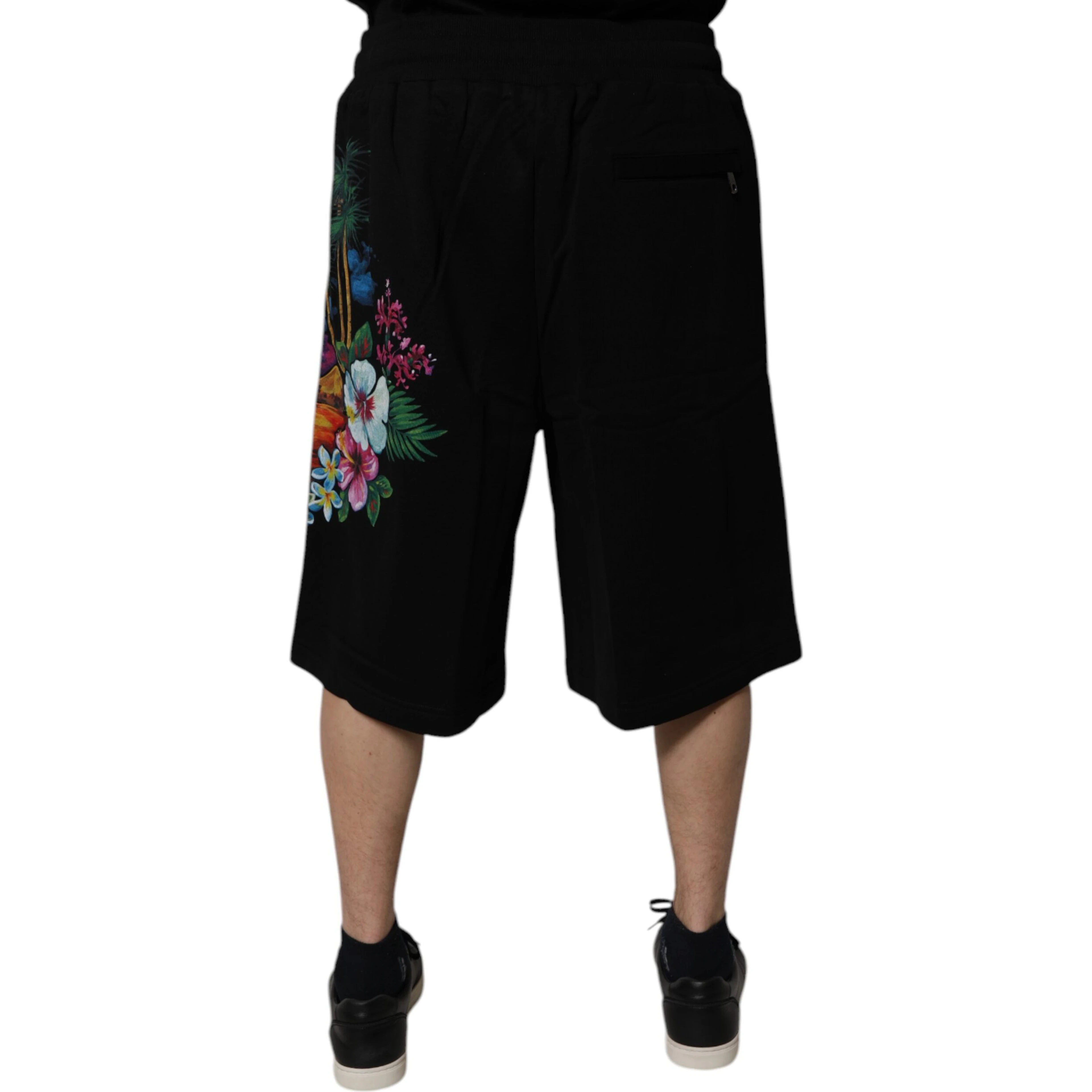 Black Cotton Logo Floral Print Bermuda Shorts