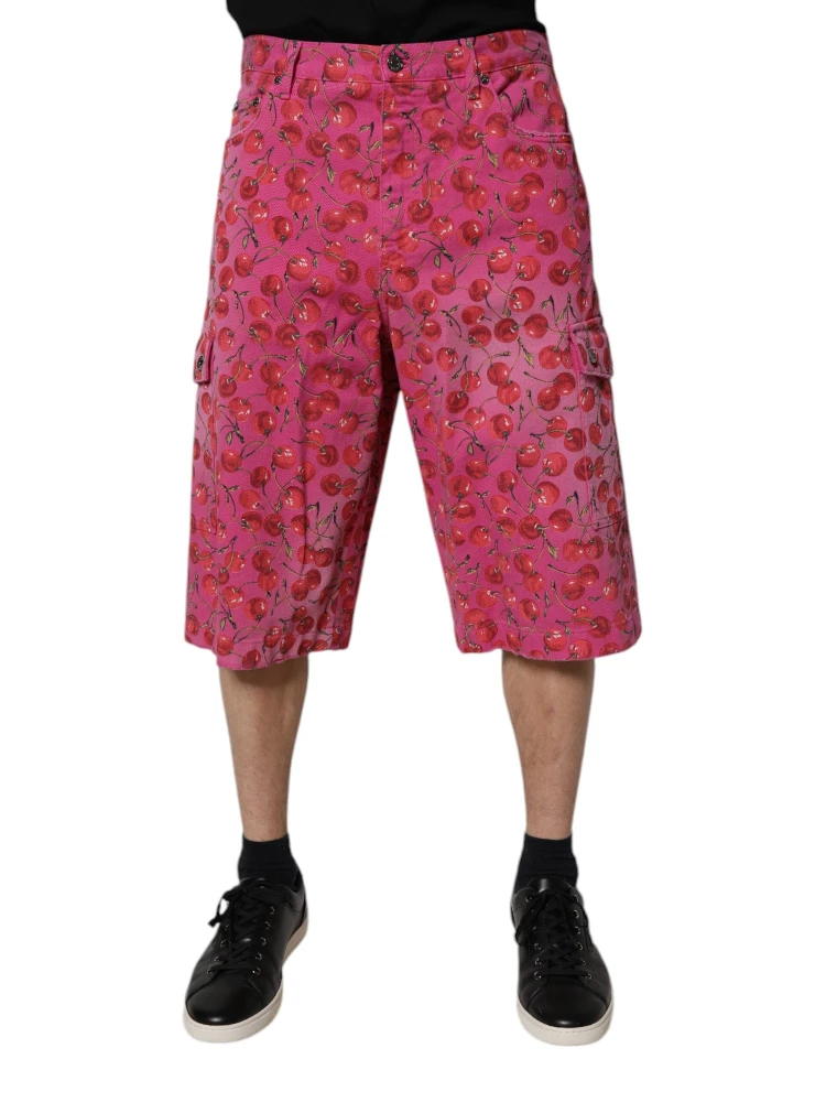 Pink Cherry Print Cargo Cotton Shorts