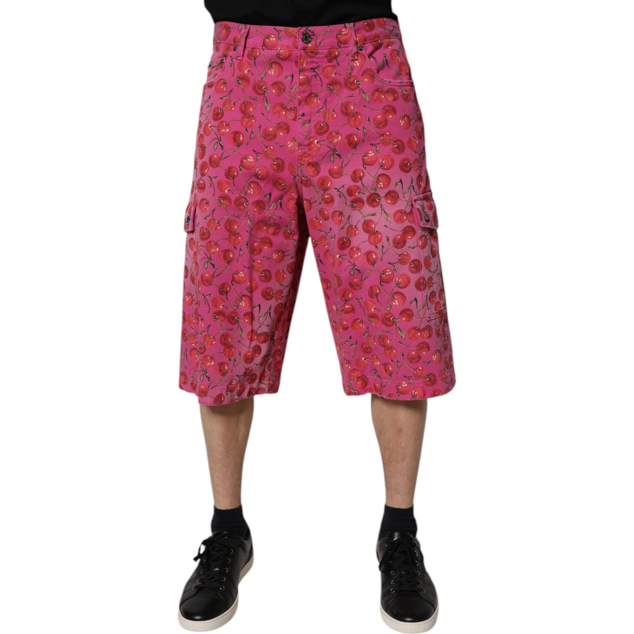 Pink Cherry Print Cargo Cotton Shorts