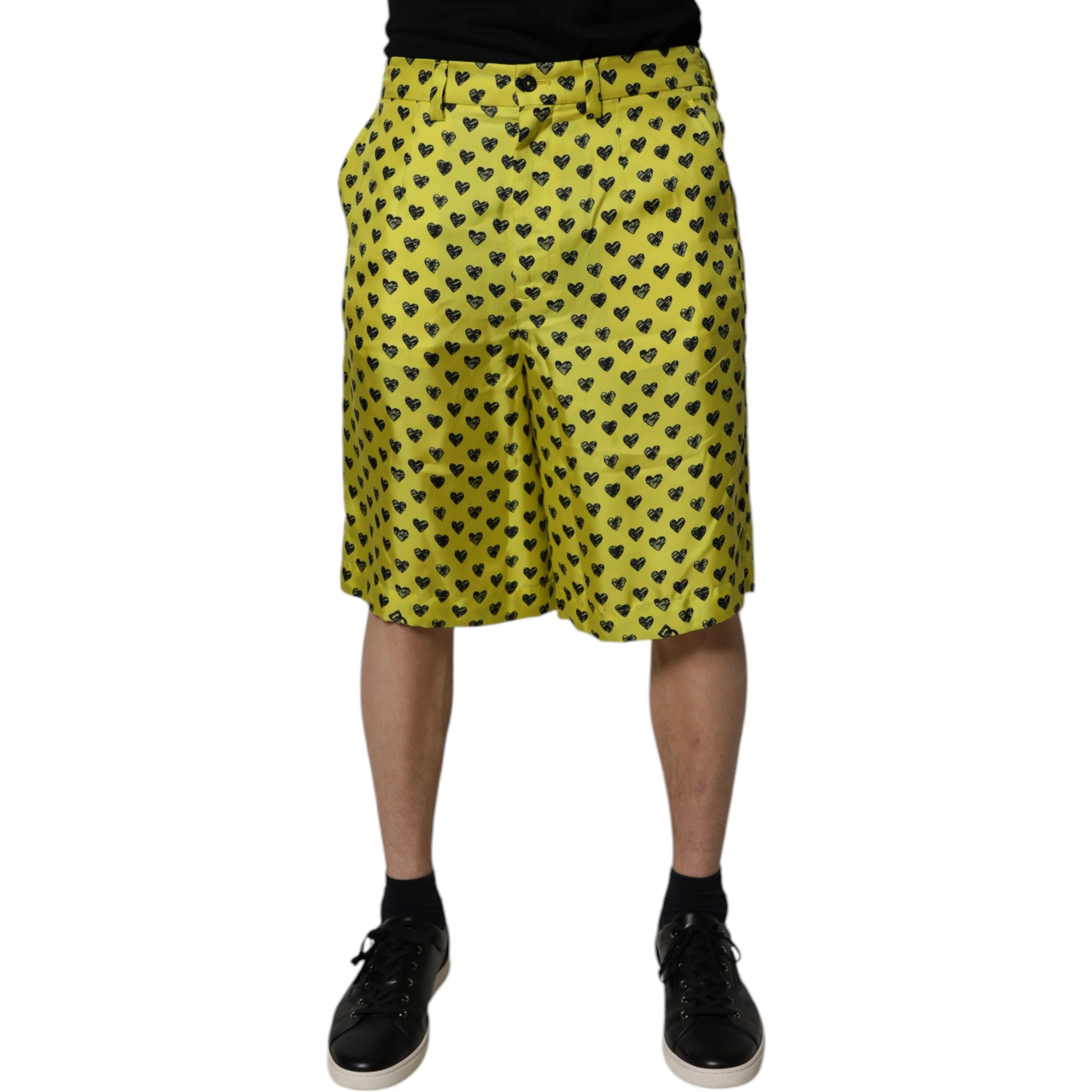 Green Silk Heart Print Bermuda Shorts