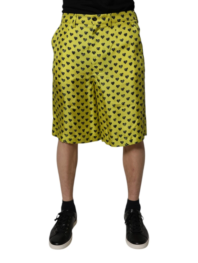 Green Silk Heart Print Bermuda Shorts