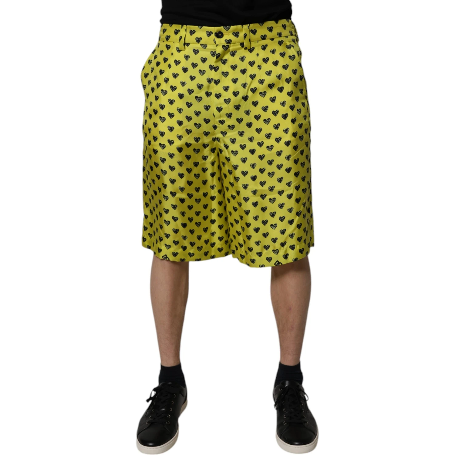 Green Silk Heart Print Bermuda Shorts