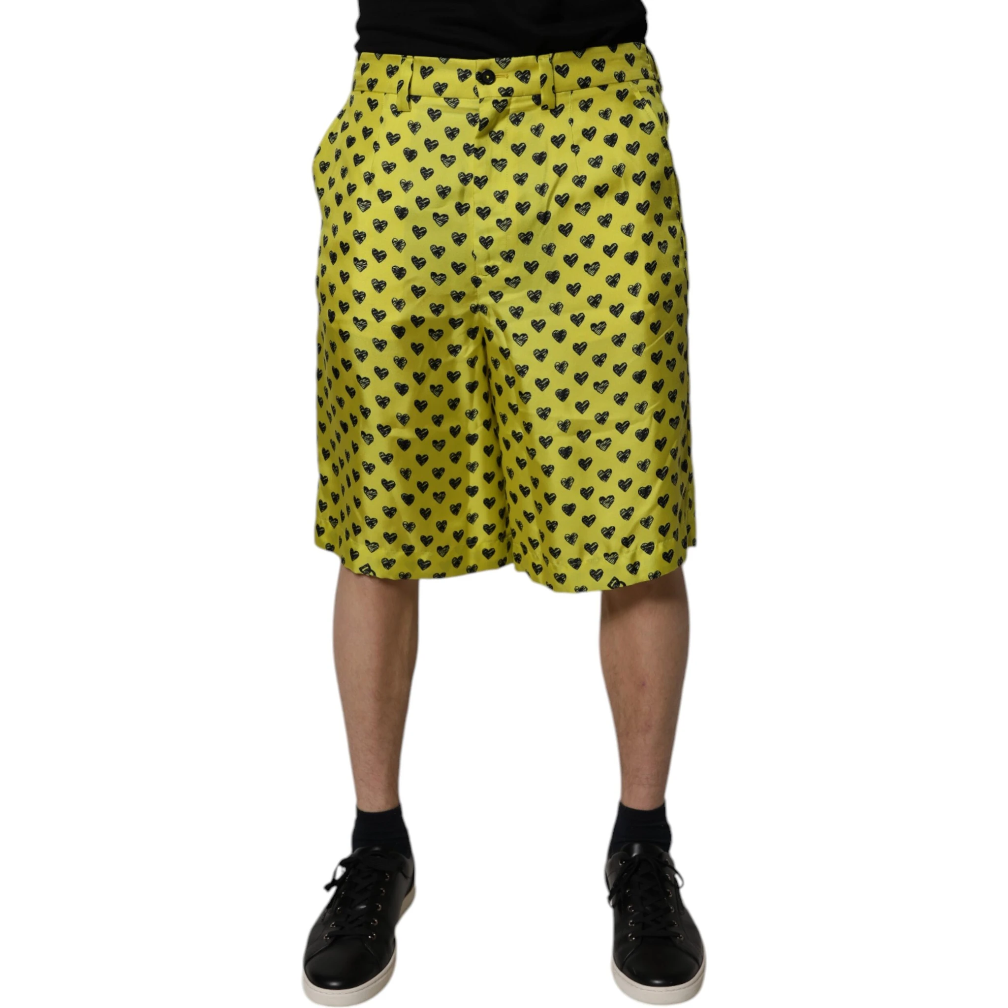 Green Silk Heart Print Bermuda Shorts
