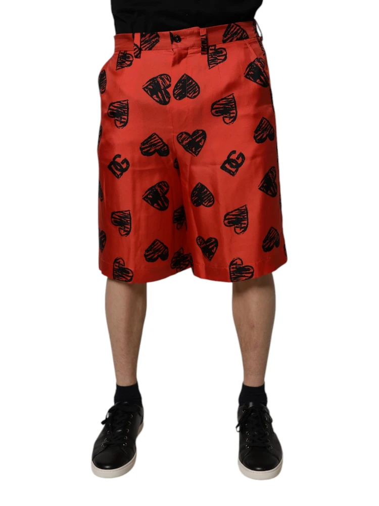 Orange Silk Heart Print Bermuda Shorts