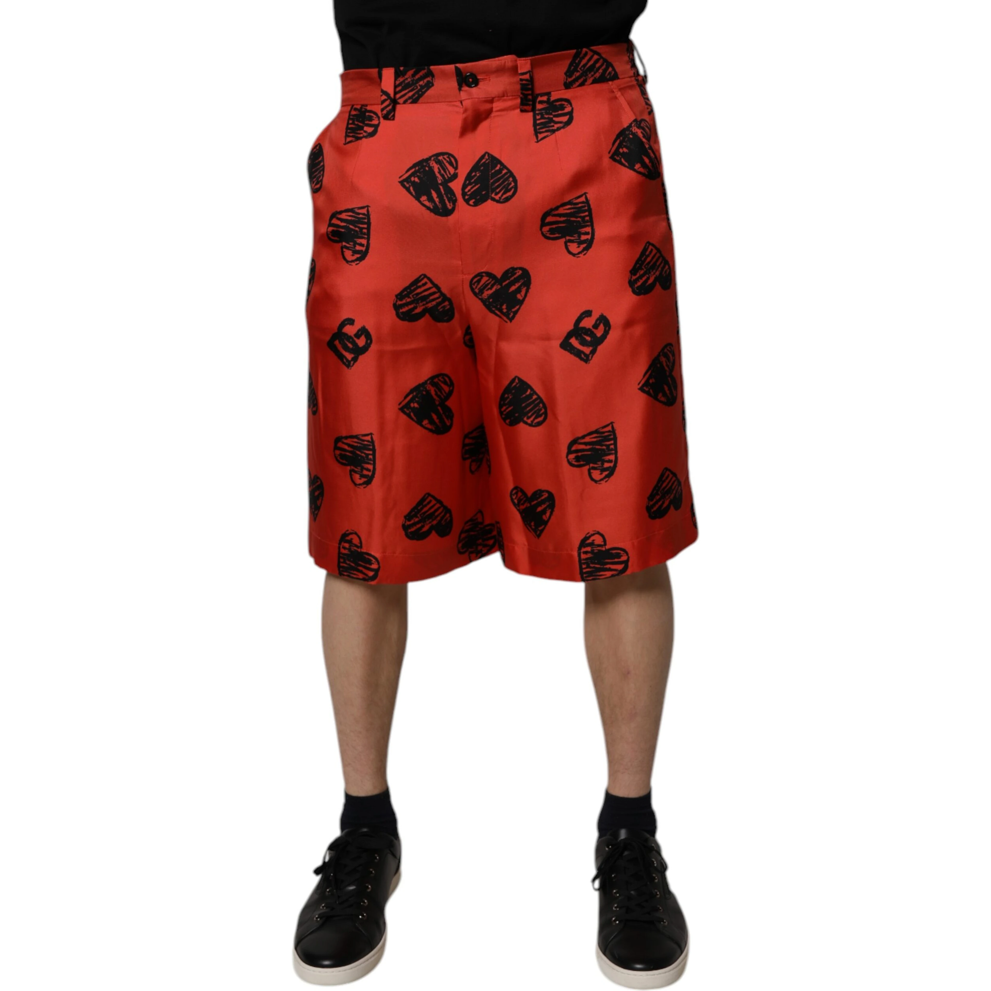 Orange Silk Heart Print Bermuda Shorts