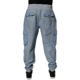 Light Blue Cotton Jogger Cargo Men Denim Pants