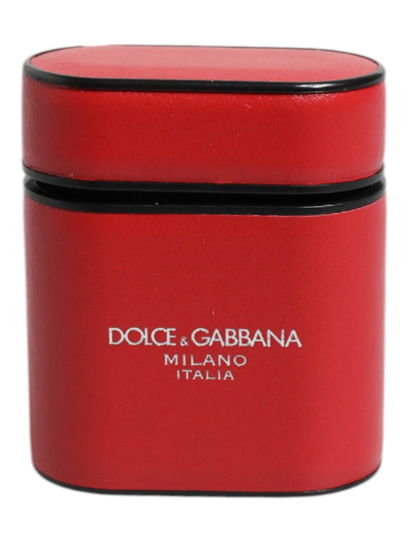 Red Calfskin Leather Logo Print Flip Holder Airpods Case