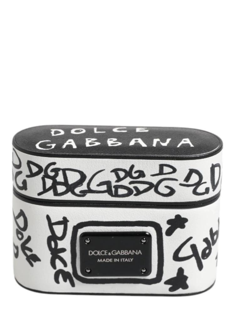 Black White Leather Scribble Embossed Logo Airpods Case