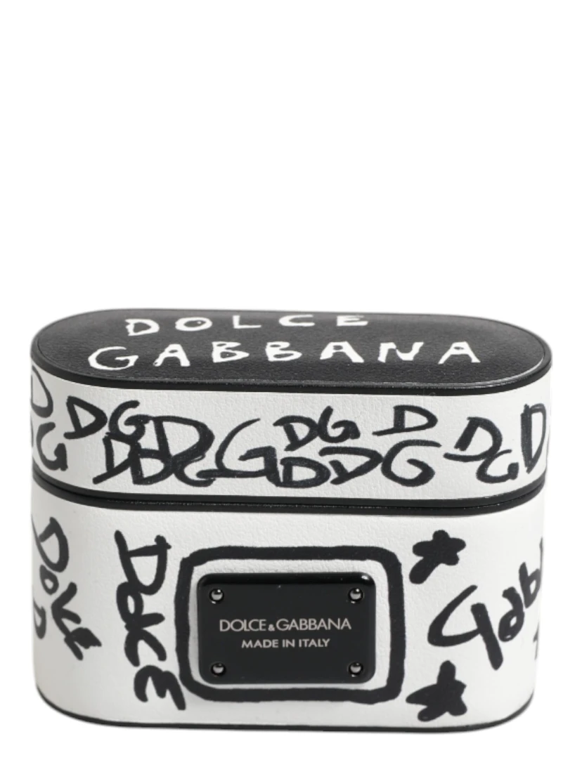 Black White Leather Scribble Embossed Logo Airpods Case