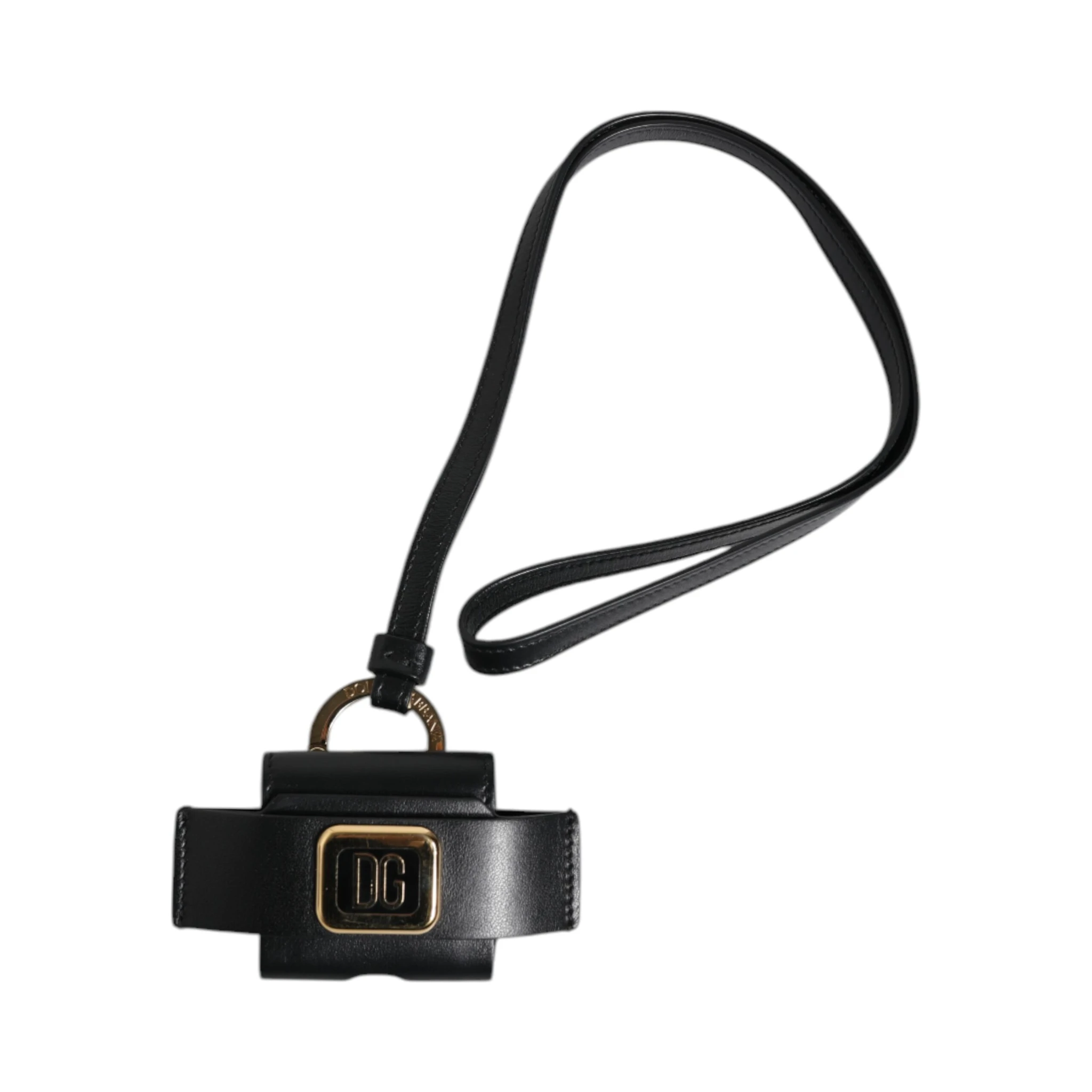 Black Leather Strap Gold Metal Logo Plaque Airpods Case