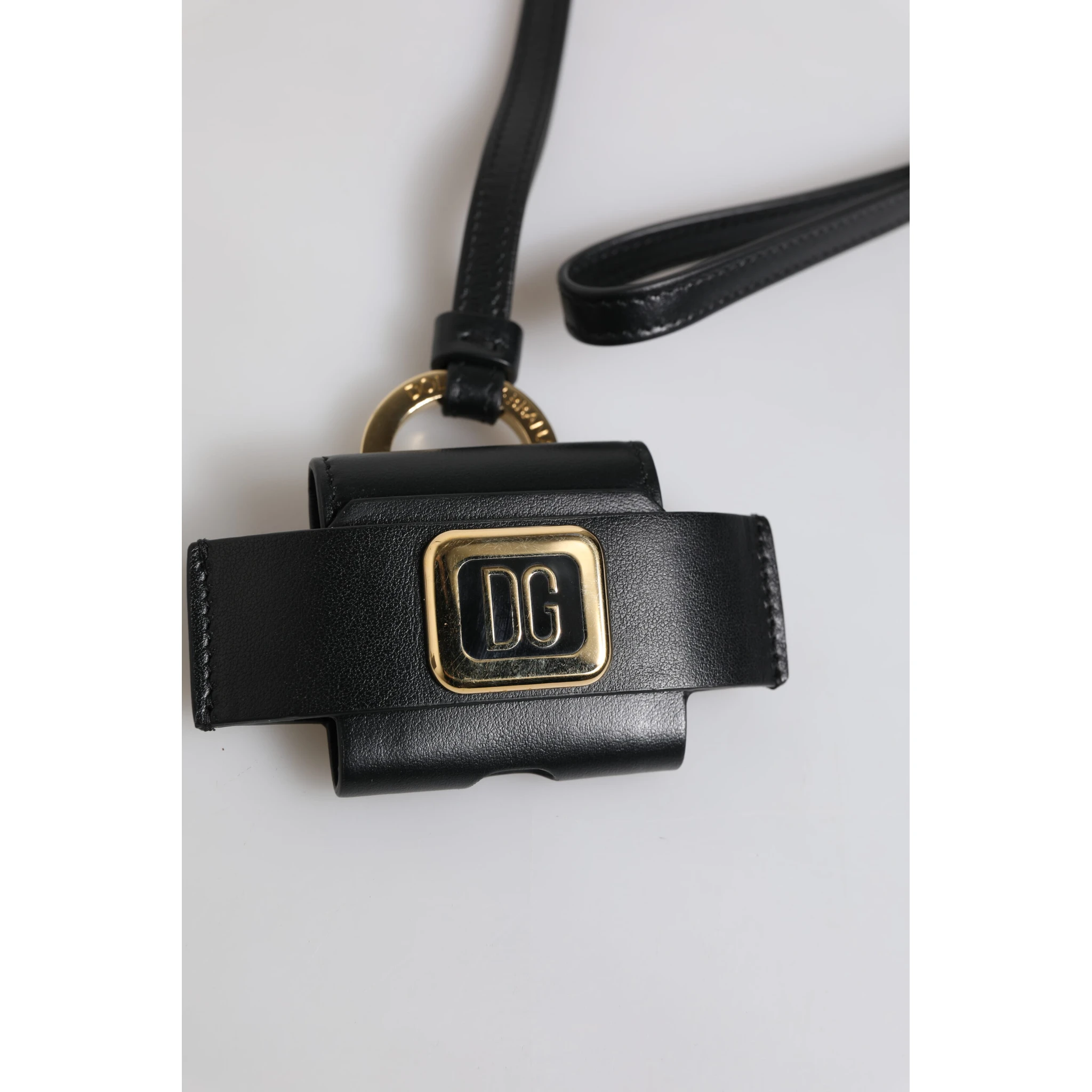 Black Leather Strap Gold Metal Logo Plaque Airpods Case