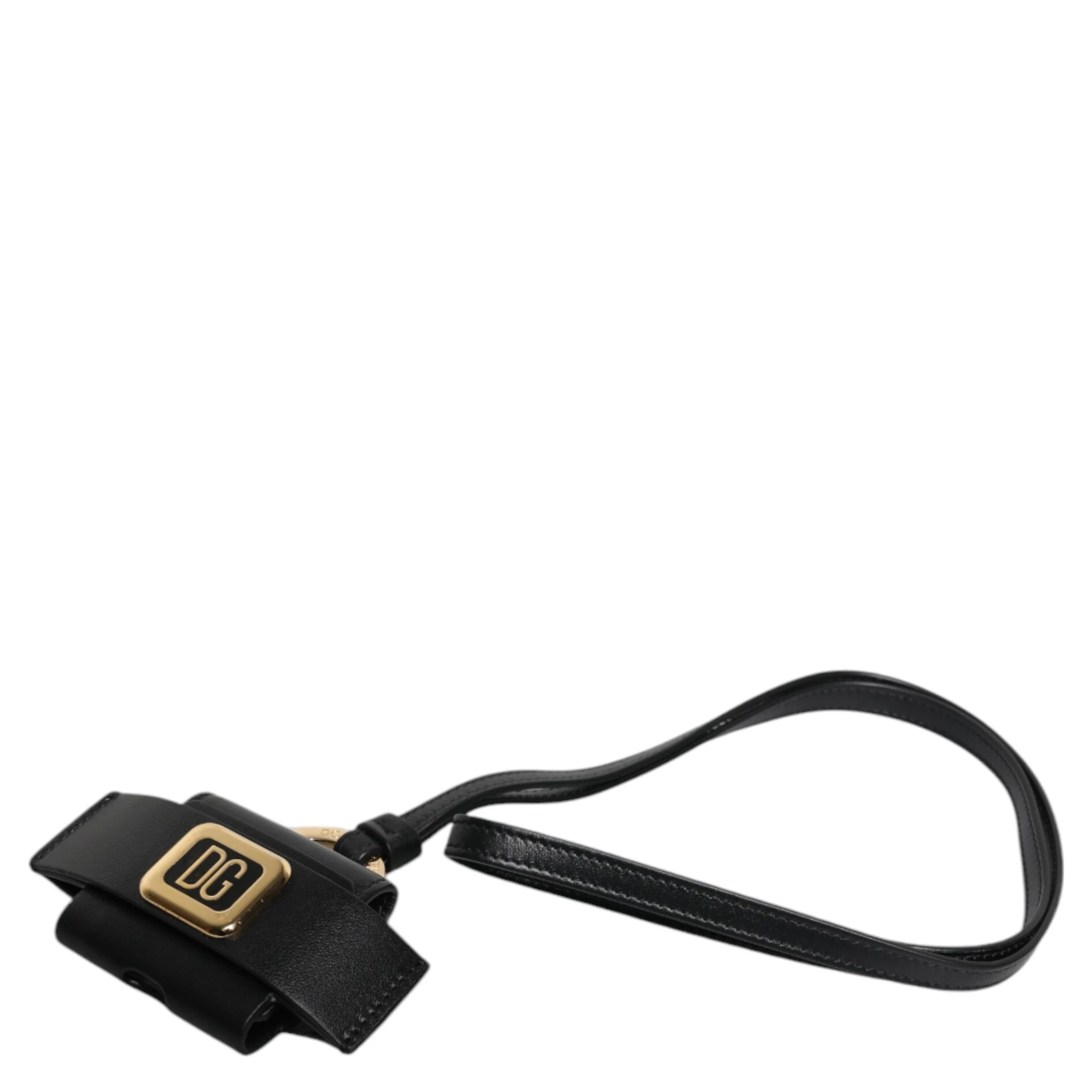 Black Leather Strap Gold Metal Logo Plaque Airpods Case