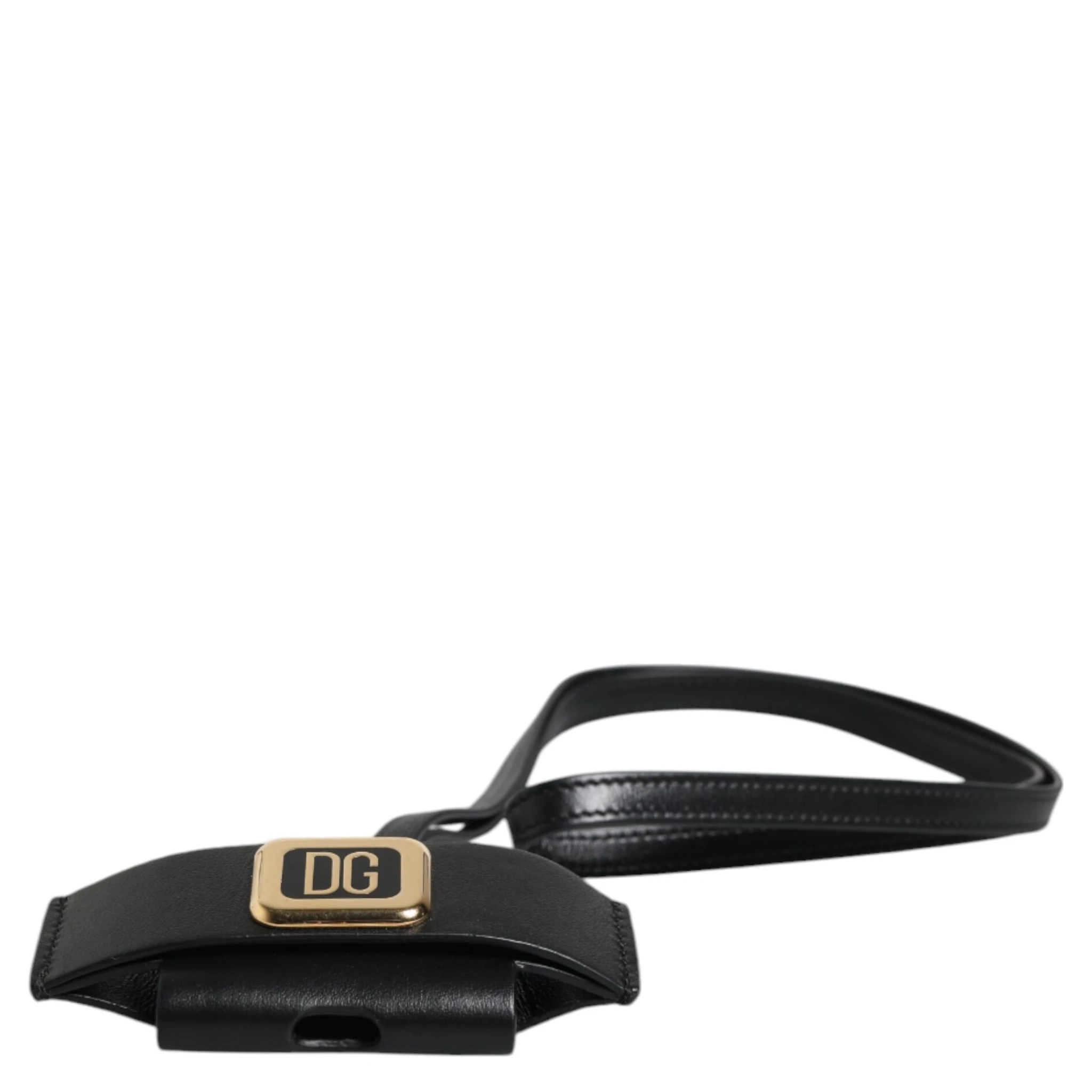 Black Leather Strap Gold Metal Logo Plaque Airpods Case