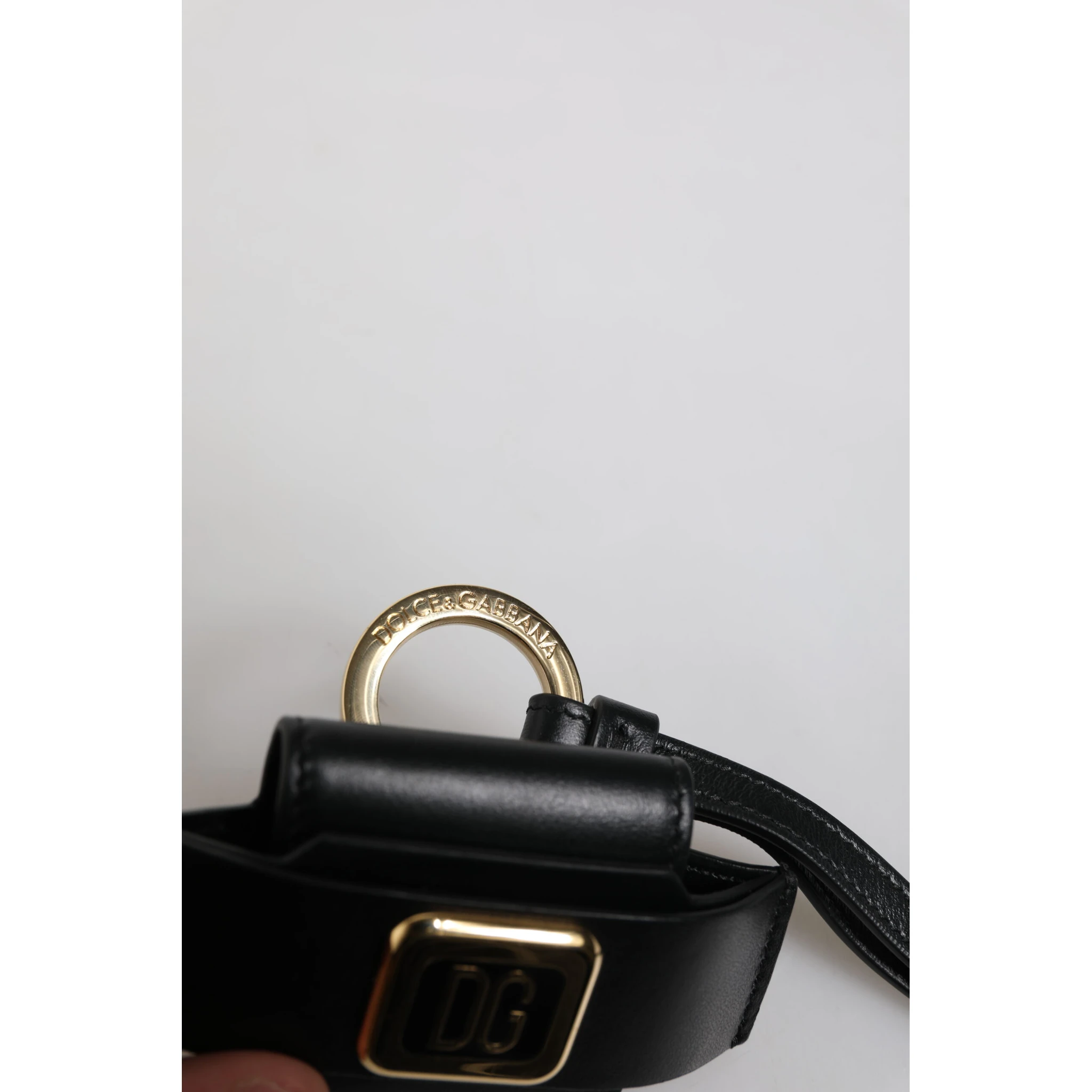 Black Leather Strap Gold Metal Logo Plaque Airpods Case