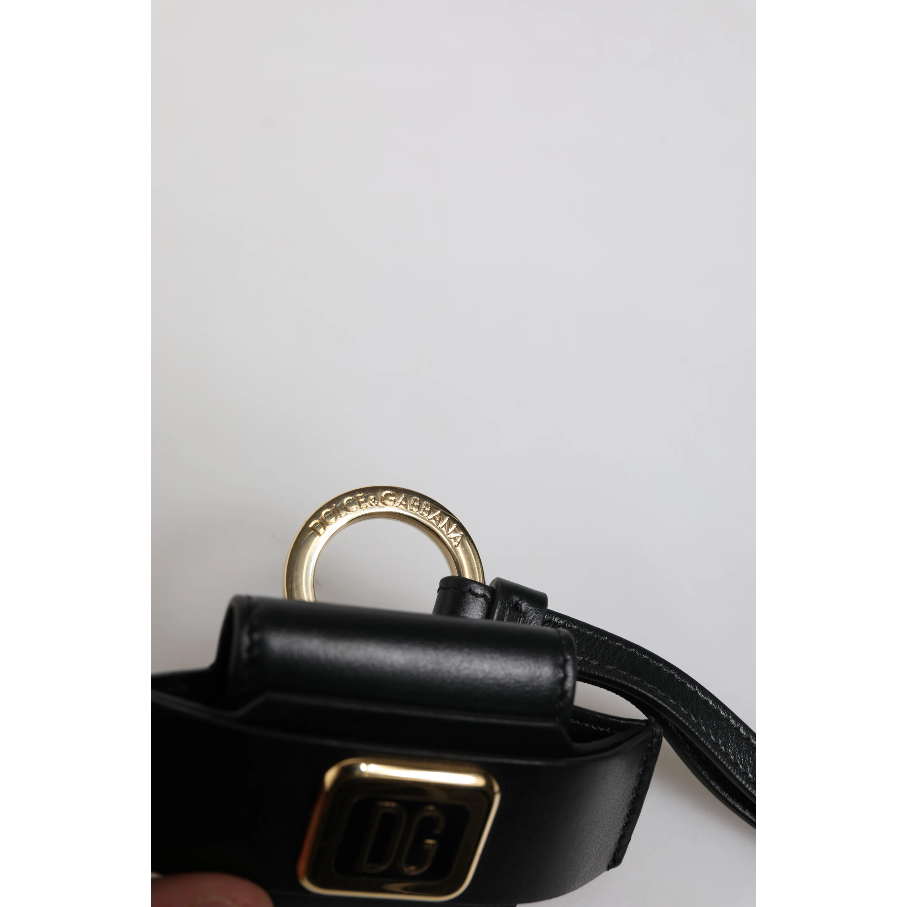 Black Leather Strap Gold Metal Logo Plaque Airpods Case