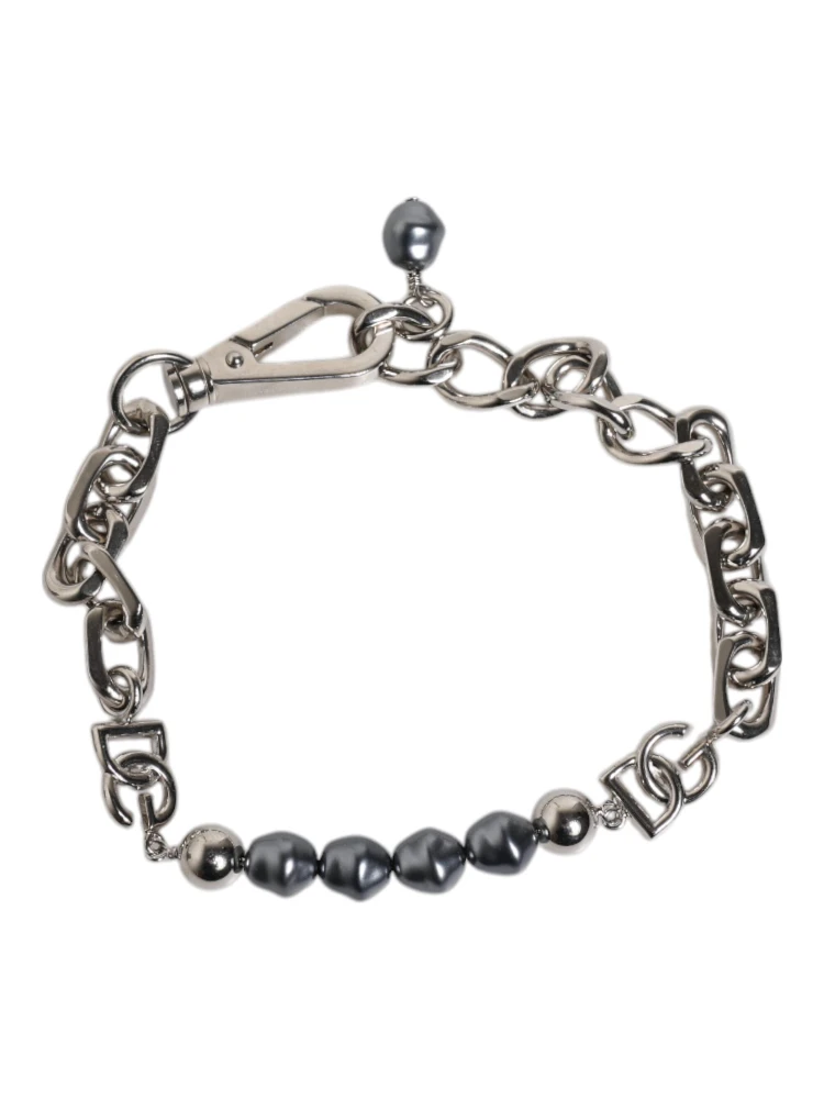 Silver Tone Chain Lobster Clasp Logo Gray Pearls Bracelet