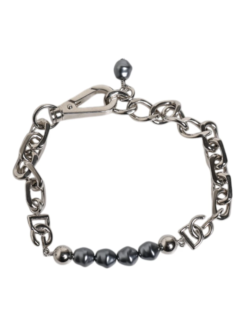Silver Tone Chain Lobster Clasp Logo Gray Pearls Bracelet