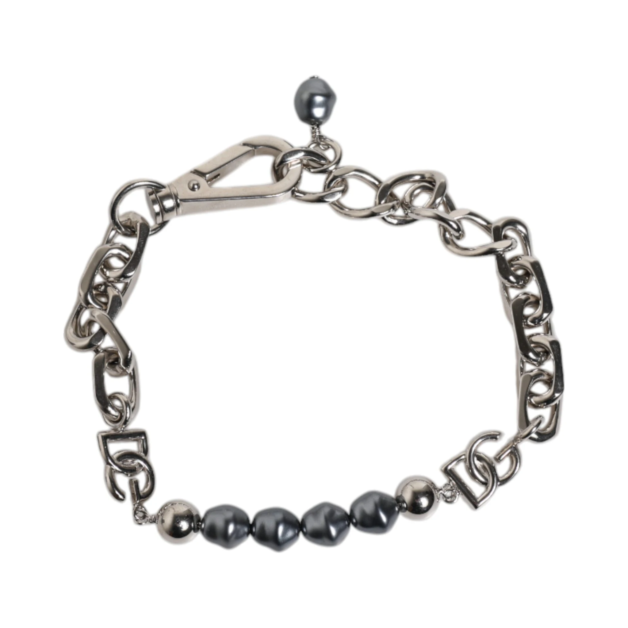 Silver Tone Chain Lobster Clasp Logo Gray Pearls Bracelet