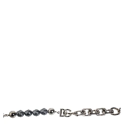 Silver Tone Chain Lobster Clasp Logo Gray Pearls Bracelet