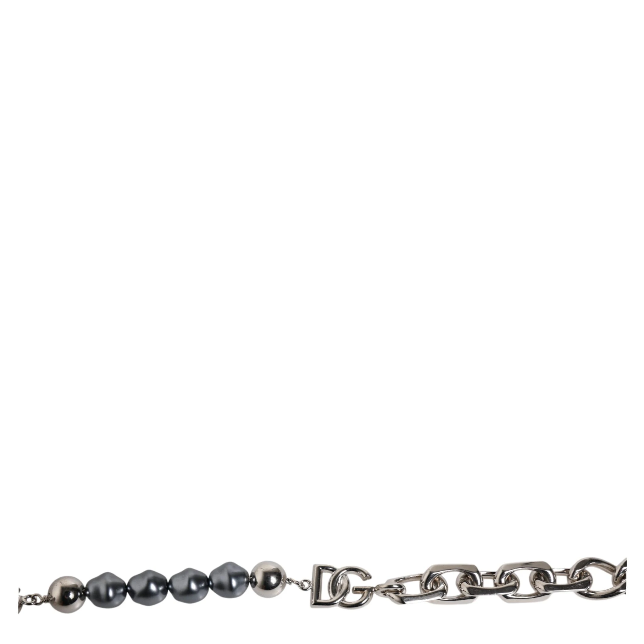 Silver Tone Chain Lobster Clasp Logo Gray Pearls Bracelet