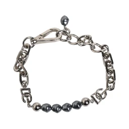 Silver Tone Chain Lobster Clasp Logo Gray Pearls Bracelet