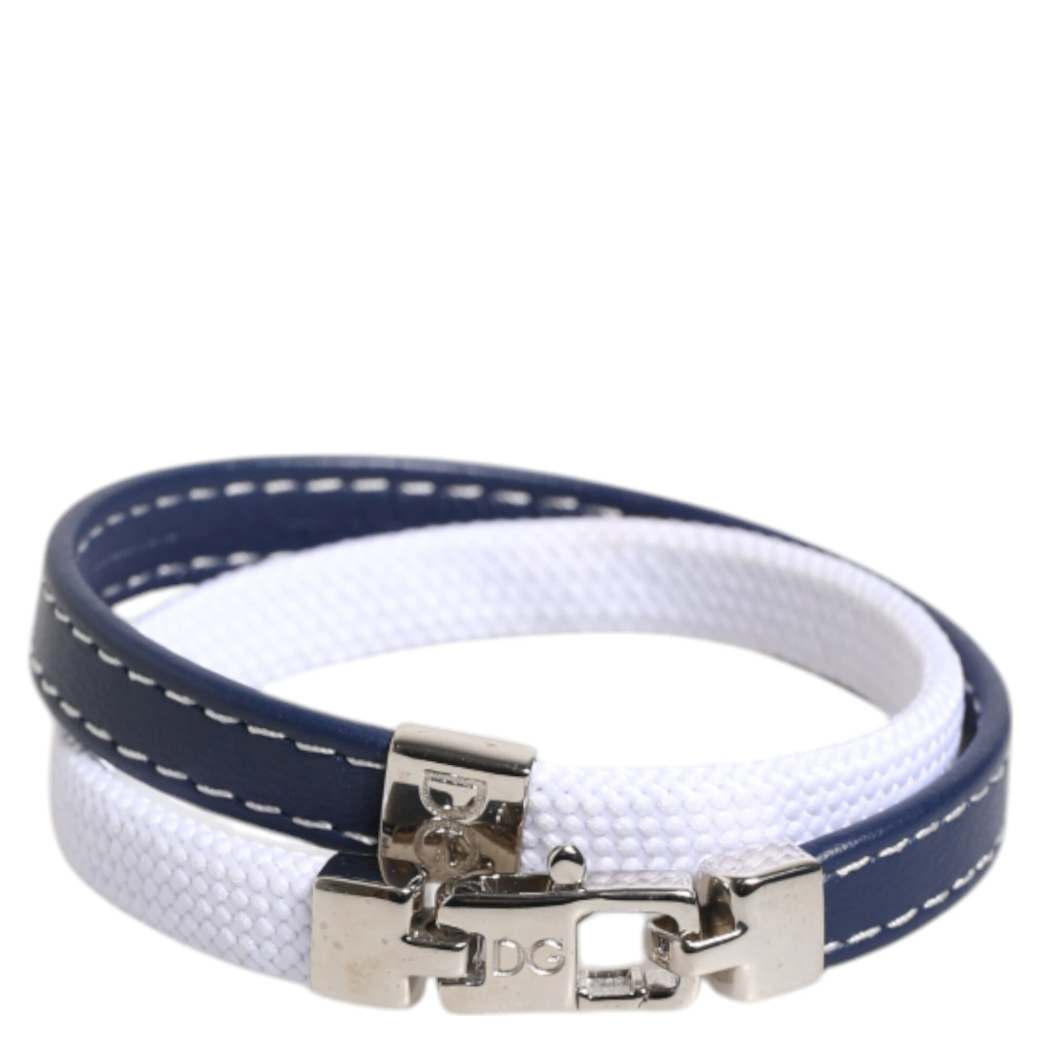 Blue White Leather Trimmed DG Engraved Silver Tone Clasp Bracelet