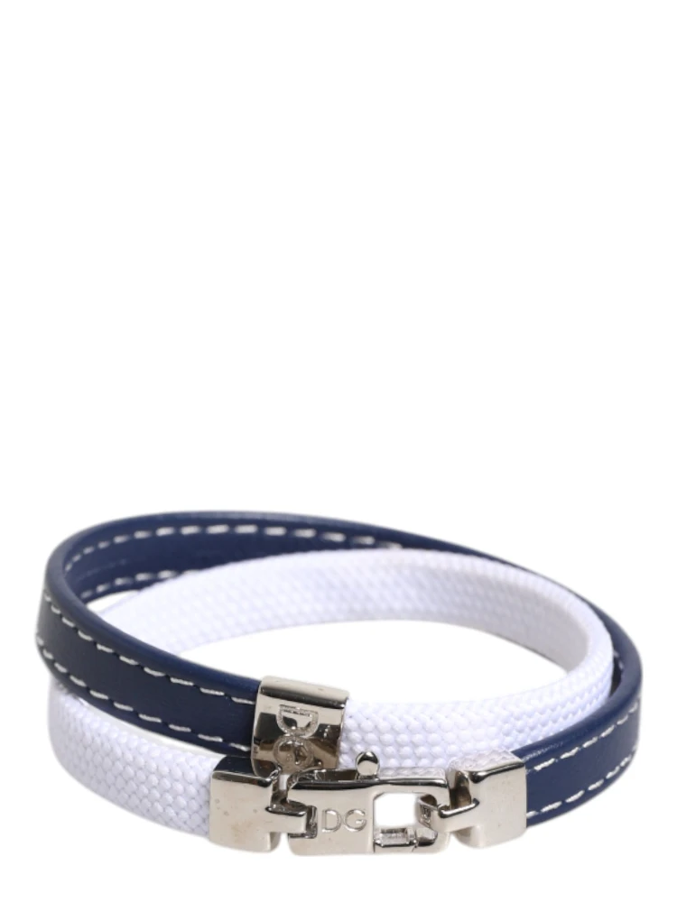Blue White Leather Trimmed DG Engraved Silver Tone Clasp Bracelet alternative
