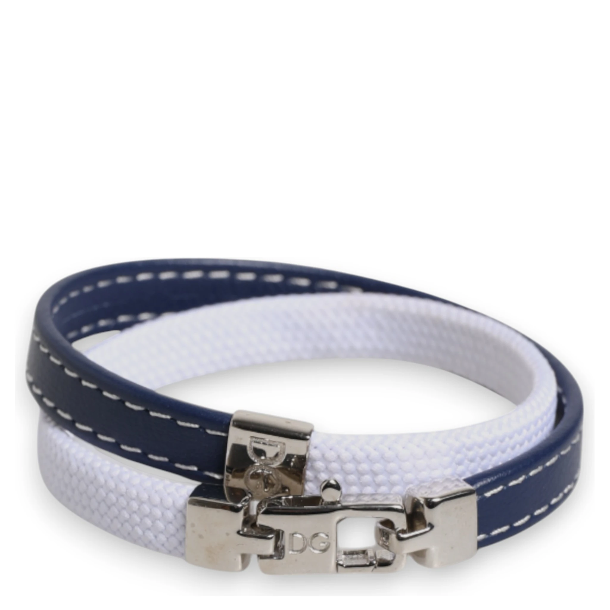 Blue White Leather Trimmed DG Engraved Silver Tone Clasp Bracelet