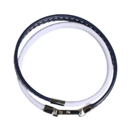 Blue White Leather Trimmed DG Engraved Silver Tone Clasp Bracelet