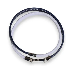 Blue White Leather Trimmed DG Engraved Silver Tone Clasp Bracelet