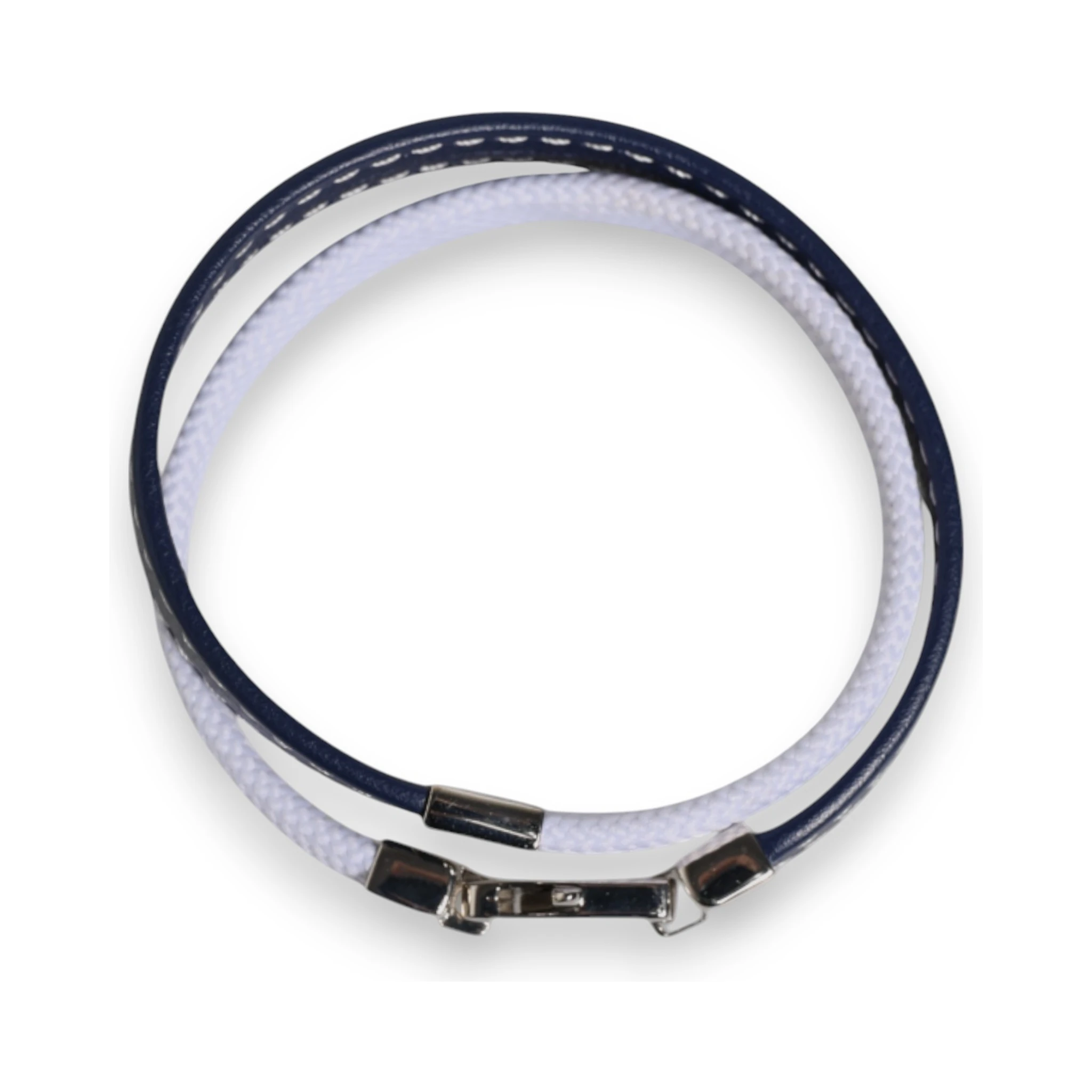 Blue White Leather Trimmed DG Engraved Silver Tone Clasp Bracelet