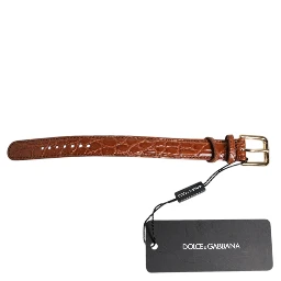 Brown Textured Leather Gold Metal Buckle Armband