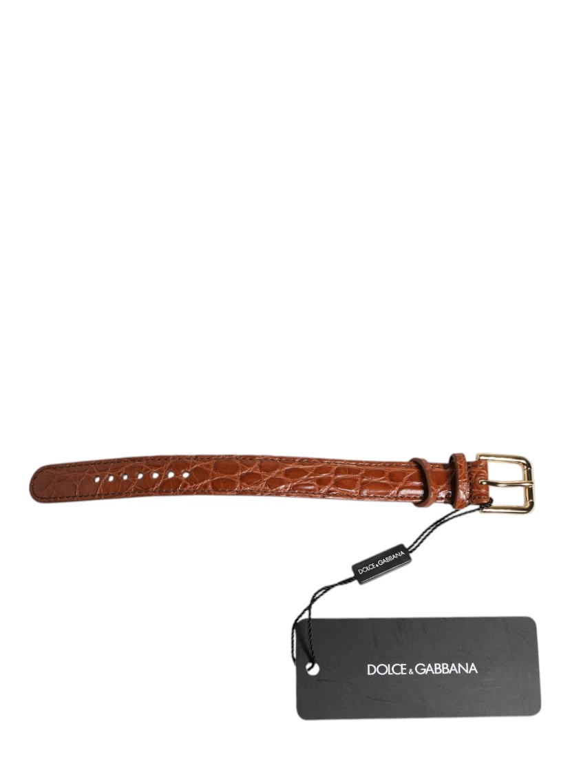 Brown Textured Leather Gold Metal Buckle Armband