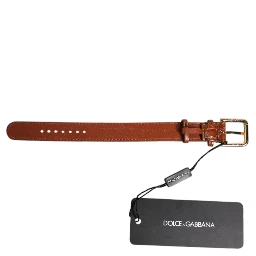 Brown Textured Leather Gold Metal Buckle Armband