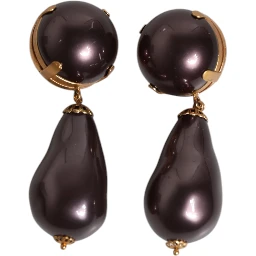 Gold Brass Black Pearl Clip On Dangling Jewelry Earrings
